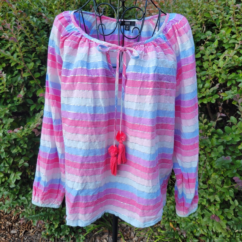 J Crew S Tassel Top Pink Purple Blue Metallic Stripe Keyhole Summer Fall Boho